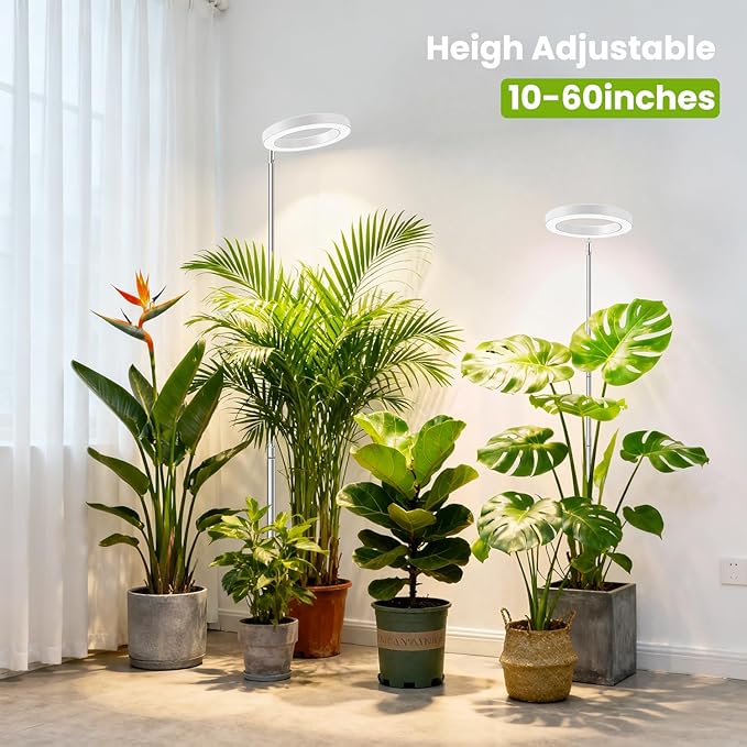 Kullsinss White Grow Light, Full Spectrum LED Plant Lights for Indoor Growing with 6/12/16H Timer, 3 Color Modes, 5 Brightness, 10"-65" Height Adjustable Growing Lamp for Large Indoor Plants, 2 Pack