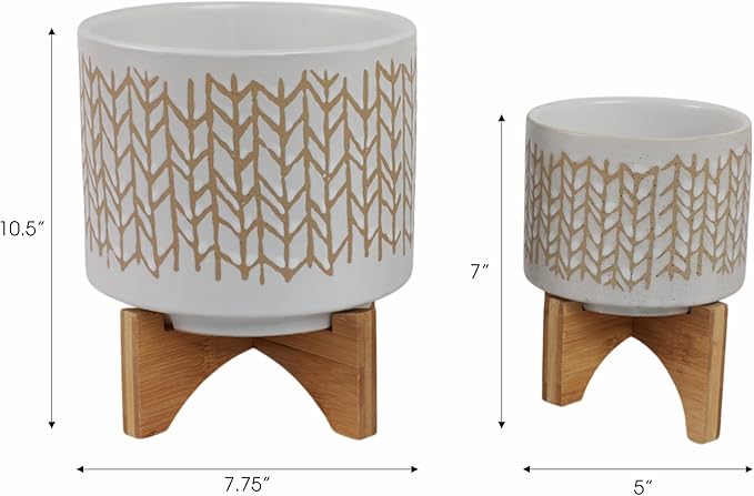 Sagebrook Home Set of 2 Ceramic Planters with Stands - Stoneware Pots with Bamboo Wood Base - Modern Geometric Design for Indoor/Outdoor Plants - Plant Holders for Home & Garden - 11", 7" Ivory & Tan