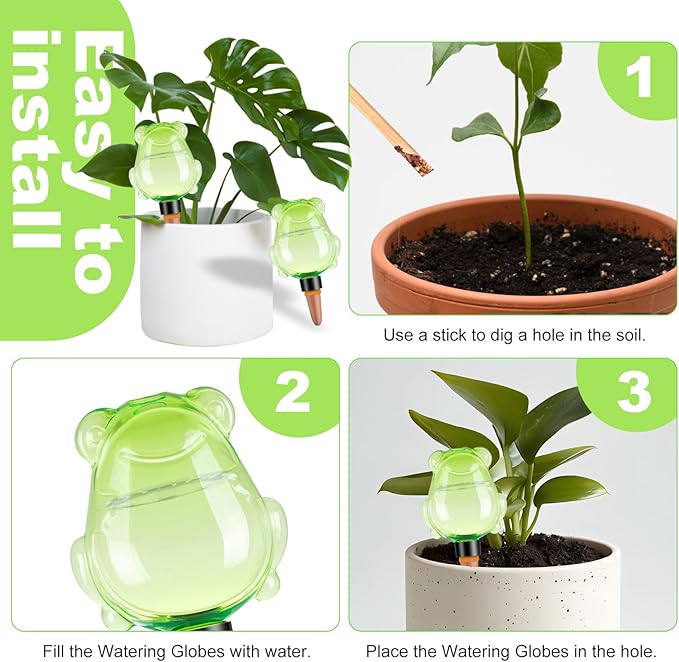 3Pcs Frog Plant Self Watering Globes for Indoor and Outdoor Plastic Water Bulbs Top Fill Plant Watering Globes Slow Release Terracotta Plant Watering Devices System for Plants, Green