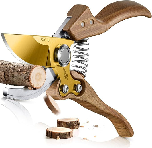 DECERK® 8.5" Premium Bypass Pruning Shears – Wood Grain Finish with Gold Titanium Blade, Japanese SK5 Steel, Balanced Ergonomic Handle for Precise Garden Trimming, Timeless Gardening Companion