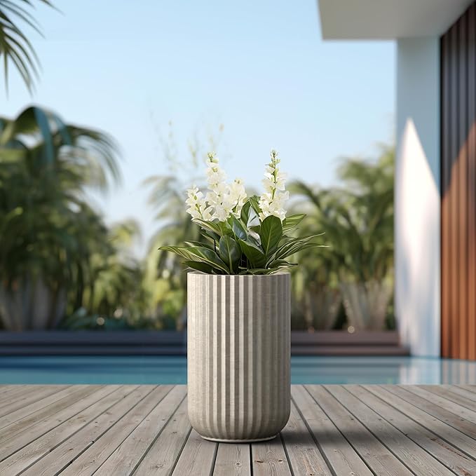 Kante Tall Fulted Planter, 17.7 Inch Tall Round Concrete Plant Pots with Drainage Hole and Rubber Plug, Modern Decor for Indoor Outdoor Plants, Flower, Weathered Concrete