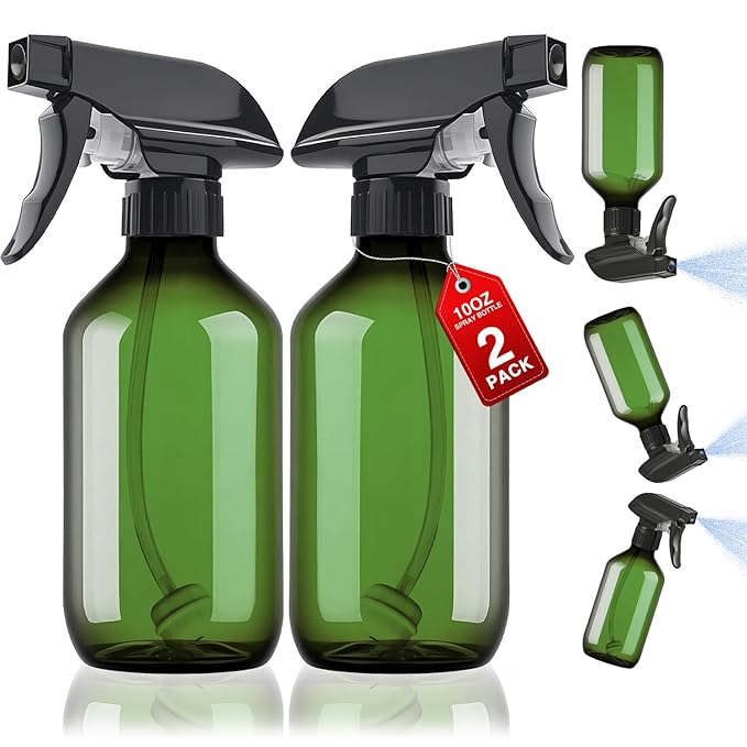 2 Packs Plastic Spray Bottles 360°Water Spray Bottle for Cleaning - 10 oz/300 ml Upside Down Spray Bottle Refillable Small Squirt Bottle with Adjustable Nozzle for Hair, Cooking, Plant, Pet (Green)