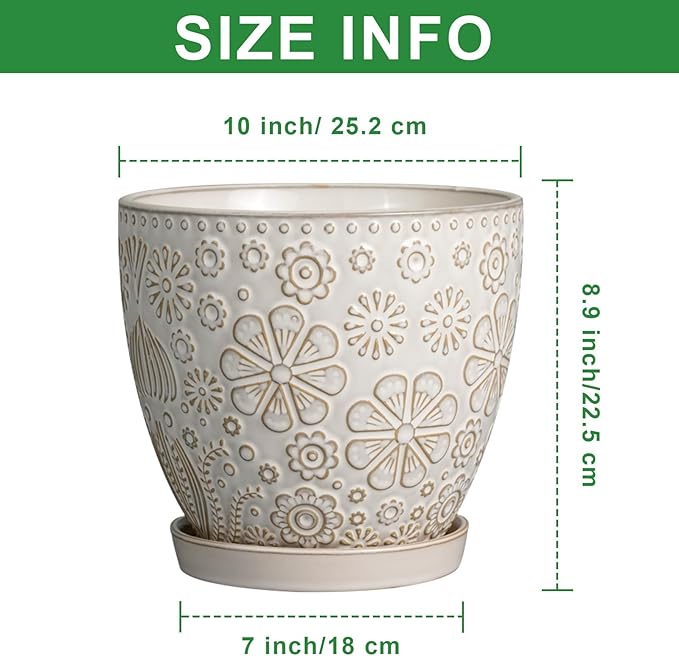 MPotTo 10 Inch Ceramic Planter Pot Large Plant Pot for Indoor Plants Outdoor Round Flower Pot with Drainage Hole and Saucer for Home Garden Decor White