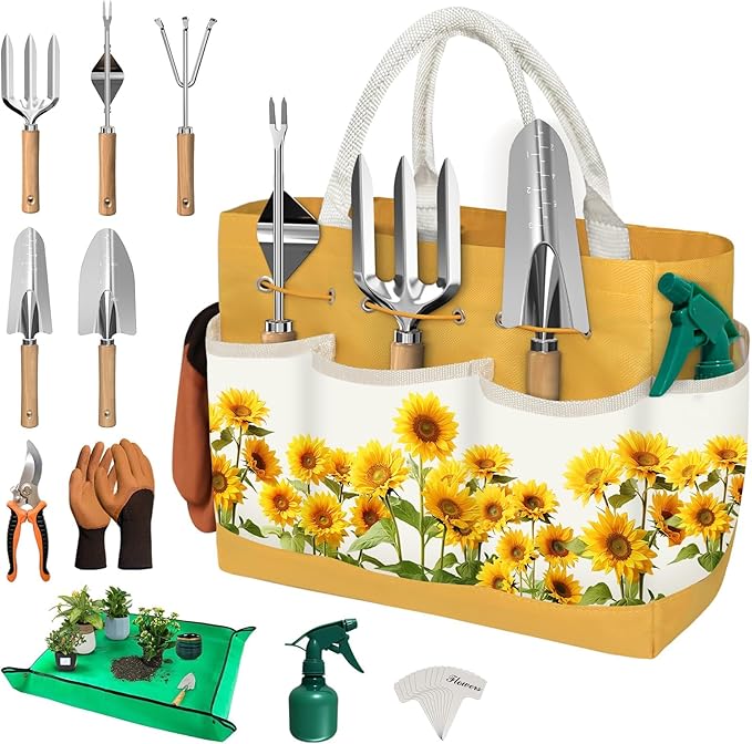 22Pcs Gardening Tools Set for Women Heavy Duty Garden Hand Tool Kit, for Mom Beginner Gardening Accessories with Sunflower Tote Bag/Shovel/RepottingMat/Plant Labels/Gloves-Yellow