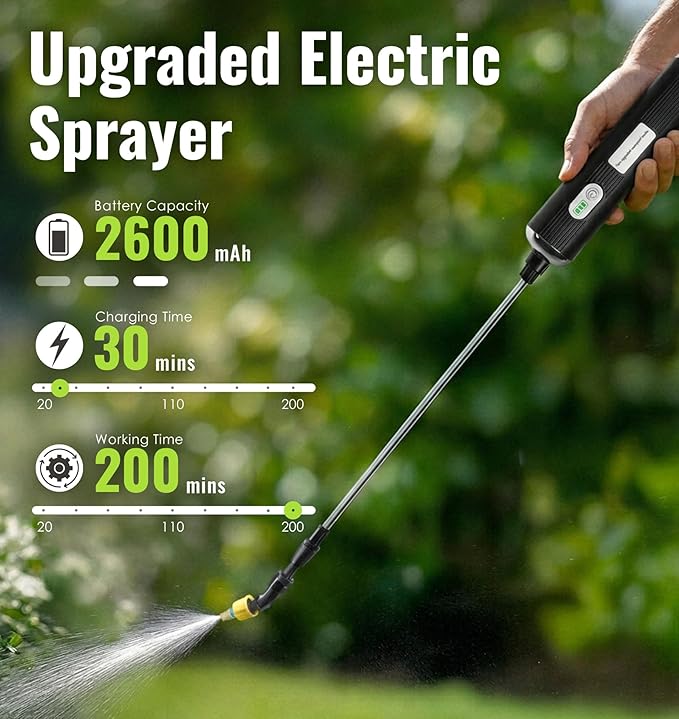 PASAMIC 2 Gallon Battery Powered Sprayer, Rechargeable Electric Sprayer with 2 Speeds & 4 Nozzles, Battery Indicator, Retractable Wand, Adjustable Straps & Storage Bag for Lawn Garden