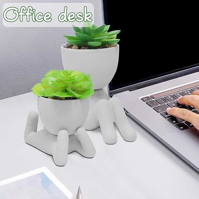 Zerzsy 2PCS Cute Artificial Succulent Plants with Creative Human Shaped Pots, Desk Decoration for Home and Office Decor (Cement Gray)