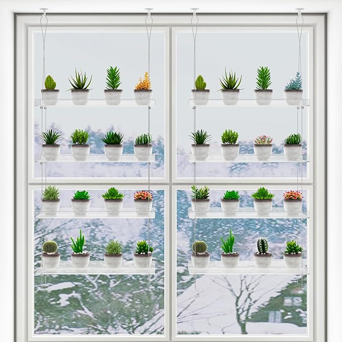OtNiap Clear Hanging Window Plant Shelves,2-Pack 4-Tier,Indoor Windows Wall Hanging Plant Stand Flower Display,Flower Pot Organizer Storage for Window Grow Herbs,Microgreens,Succulents,Flowe4,16-Inch