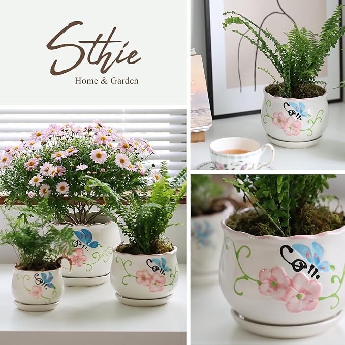 STHIE Ceramic Plant Pots with Drainage Holes and Saucers, Round Flower Pots for Indoor Plant, 4/5.2/6.6 Inches Flower Large Planters Set of 3