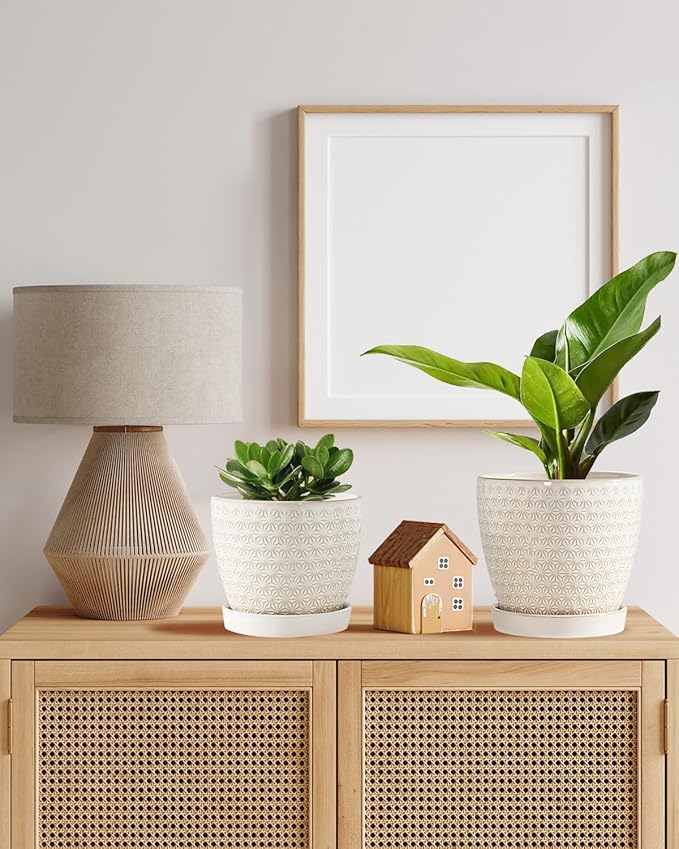 Plant Pots, Flower Pots, Planters for Indoor Plants(6.5+5.5inch), Flower Pots for Indoor Plant with Drainage Hole and Saucer, Ceramic Pots for Plants with Hole Mesh Pad,Reactive Glaze White