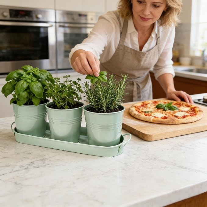 Metal Herb Garden Planter Set with Tray, 3-Pack Green Zinc-Coated Windowsill Plant Pots with Drainage Holes & Handles for Indoor Outdoor Kitchen Garden