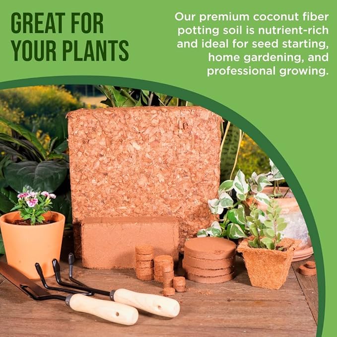 Coco Coir for Plants 3-Pack – 2.4 Gallons Compressed Coconut Coir Bricks, 10 lb. Organic, Low EC, pH Balanced Coco Peat for Indoor & Outdoor Gardening, Potting Soil, Indoor Plant Soil