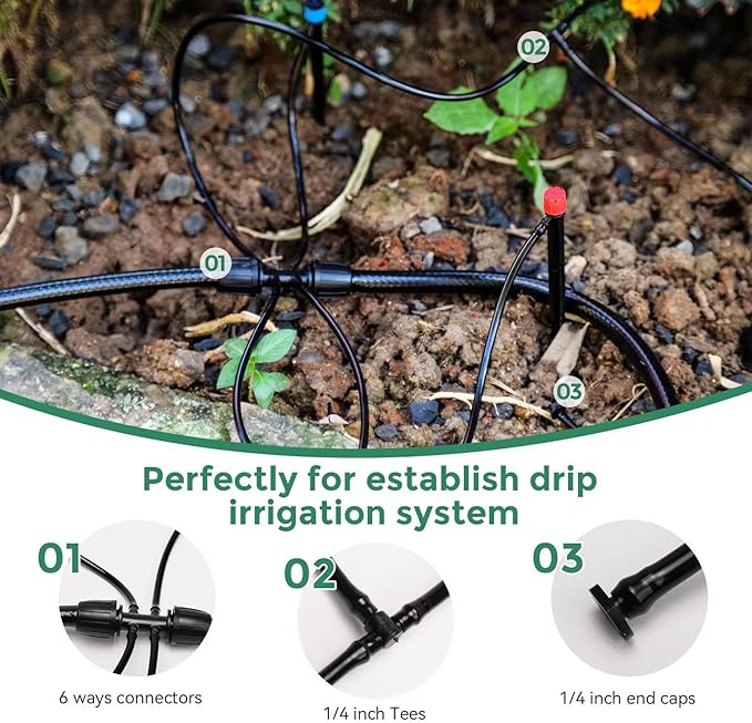 Maotong 100FT 1/4 inch Drip Irrigation Tubing Distribution Hose Tube for Garden Irrigation System (Includes 1 pack 6-Way Connector and 20pcs 1/4" Tee Splitters and End Plugs)