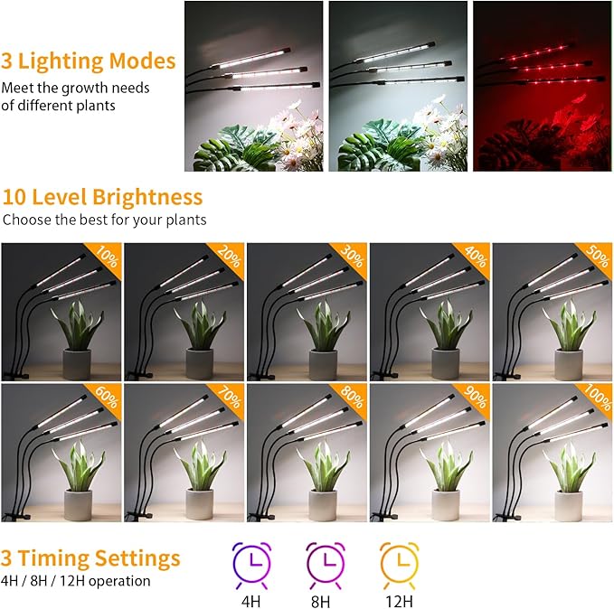 Black Clip Grow Lights for Indoor Plants, 168 Full Spectrum LEDs Clip Plant Growing Lamps with Flexible Gooseneck and 4/8/12h Timer, 3 Spectral Modes, 10 Dimmable Levels (4 Head 1 Pack)