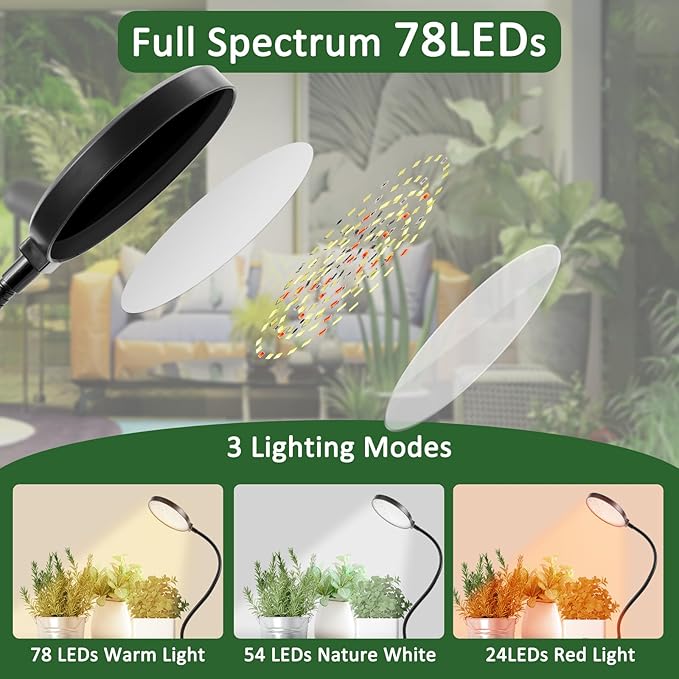 Indoor Plant Grow Light, 6000K Full Spectrum LED, Auto On/Off Timer, 9 Dimming Levels, 360 Adjustable Gooseneck, Modern Style, Black