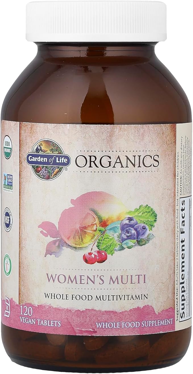 Garden of Life Organics Women's Multivitamin with Vitamin C, D3, Folate, B12, Biotin & Iron – Women's Multivitamin for Energy, Heart Health & Radiant Skin, USDA Organic, Non-GMO, Vegan, 120 Tablets
