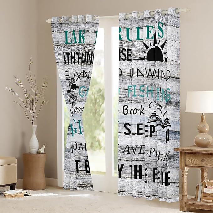 Feelyou Lake House Curtains Fishing Window Drapes for Kids Teens Boys Camping House Blackout Curtain Wooden Stripes Texture Window Treatments 52W X 63L,2 Panels