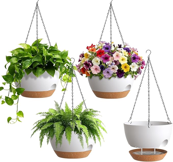 UOUZ 4 Pack 8 Inch Self Watering Hanging Planters for Indoor Outdoor Plants，Hanging Pots for Plants with Drainage Removable Tray, Hanging Baskets Flower Pots for Pothos Garden Porch White with Brown