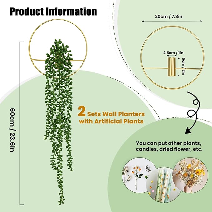 GREENTIME 2 Pack Artificial String of Pearls 22" Fake Hanging Plants with 8" Round Metal Wall Decor for Living Room Indoor Outdoor Bedroom UV Resistant No Maintenance Boho