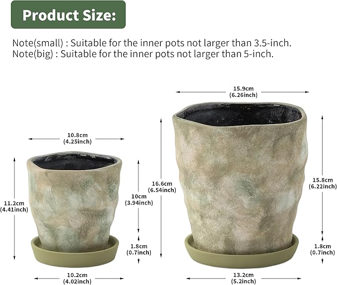 Modern Irregular Ceramic Planter Set of 2-4+6 Inch Unique Reactive Glaze Flower Pots with Drainage Holes & Saucers - Indoor Outdoor Decorative Succulent Orchid Pots, Light Green