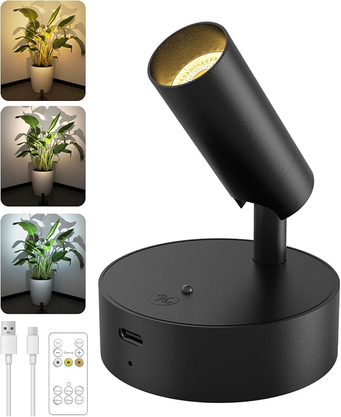 GOODEA Spotlights Indoor with Remote, 3000mAh Rechargeable Battery Plant Spotlight Indoor, Wireless Uplighting with 3 Colors & Dimmable, LED Picture Light for Painting, Artwork Accent Lighting(1 Pack)