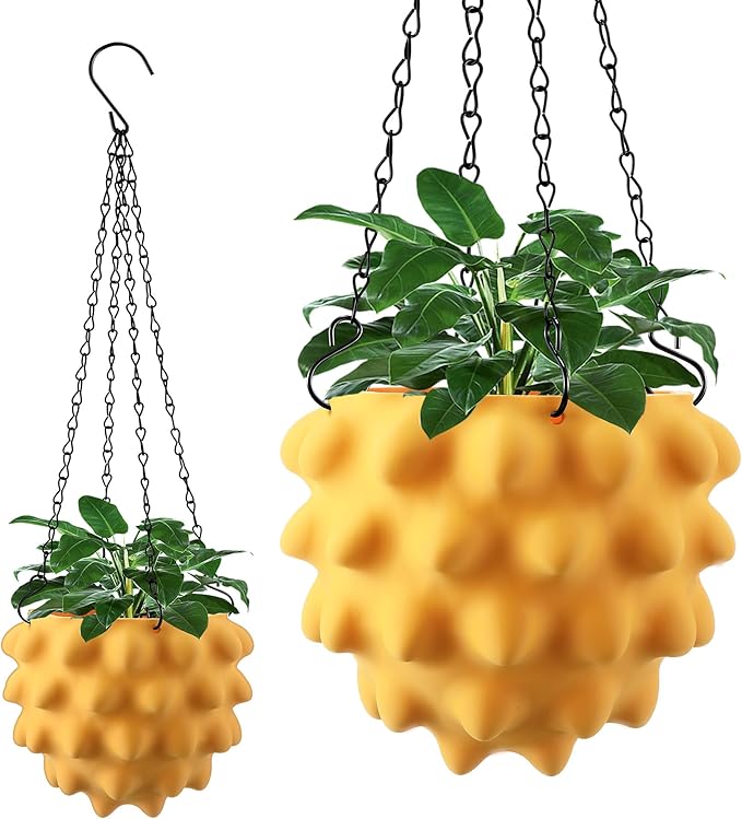 Enhon 6 Inch Hanging Planters for Indoor Plants, Unique Hanging Pots for Plants with Drainage and Hanger Baskets Hangers, Spiked Orb Plant Hanger, Matte Mustard Yellow