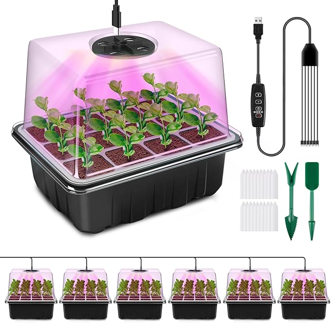 YAUNGEL Seed Starter Tray with Grow Light, 6 Pack Seed Starter Kit with Timing Controller Adjustable Brightness, Thicken Seedling Starter Trays with Humidity Domes Heightened Lids, Black