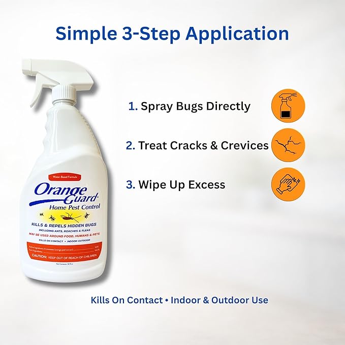 Orange Guard Home Pest Control Spray with D-Limonene | All-Natural Food Grade Orange Peel Oil for Bugs, Ants, Roaches, Fleas, Palmettos and Silverfish - 32oz