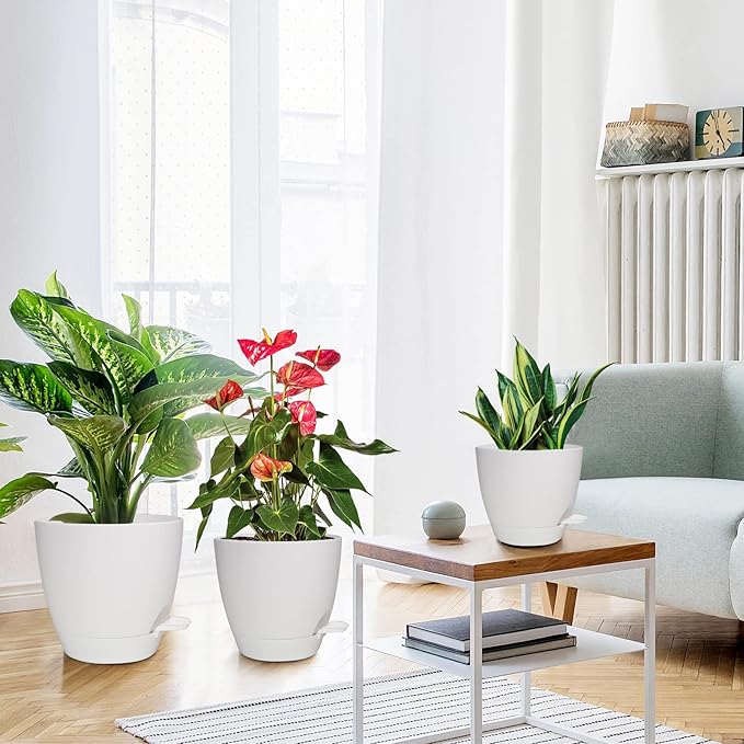 Vanslogreen Planters for Indoor Plants, 8/7/6.5/6/5.5/5 Inch Self Watering Planters with Drainage Hole, Plastic Planters Flower Pots for Indoor Outdoor Plants (Matte White)