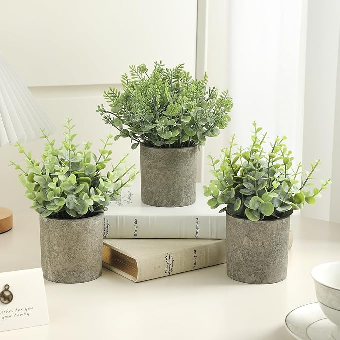 3 Pack Mini Potted Fake Plants Artificial Plastic Indoor Eucalyptus Plants for Home, Office, Desk, Bathroom, Coffee Table & Shelf (Light Green)