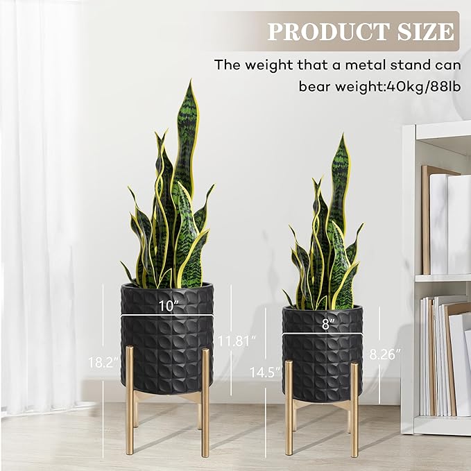 Oakrain Planters for Indoor Plants, Set of 2 Decorative Metal Planter Pots, Mid Century Modern Planter with Stand for Living Room, Office, Garden or Balcony, Textured Black, 8"&10"