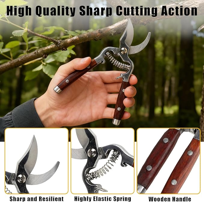 Garvee 2 Pack Garden Pruning Shears for Gardening, Wood Steel Handle Bypass Pruning Shears for Gardening, Curved Straight Garden Shears, Gardening Tools for Plants Flowers Light Branches