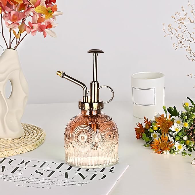 Glass Plant Mister Spray Bottle, 230ML Vintage Plant Spritzer, Succulent Watering Bottle Glass with Top Pump, Small Plants Sprayer Watering Can for Indoor Outdoor House(Brown White)