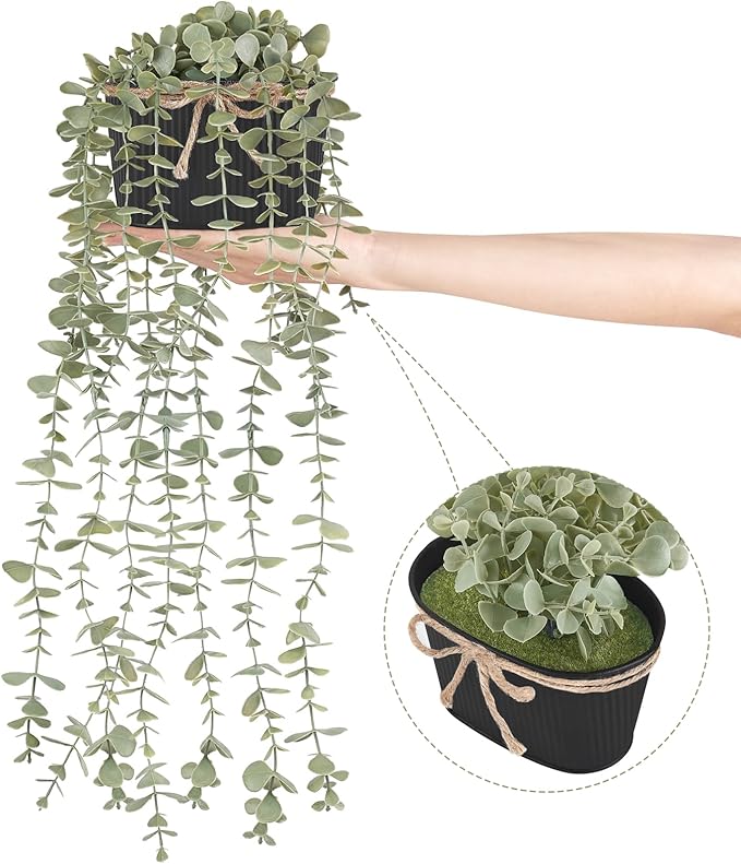 Mkono Fake Hanging Plants in Farmhouse Galvanized Pots Rustic Faux Potted Eucalyptus Greenery Indoor Artificial Plants for Book Shelf Mantel Living Room Bathroom Bedroom Home Office Decor (1, Black)