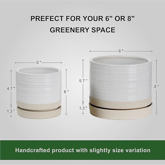 HERDUK 6 + 8 Inch Plant Pots, Ceramic Planter Pot with Drainage Hole & Saucer, Indoor/Outdoor Cylinder Round Planter Pot, Cream & Beige
