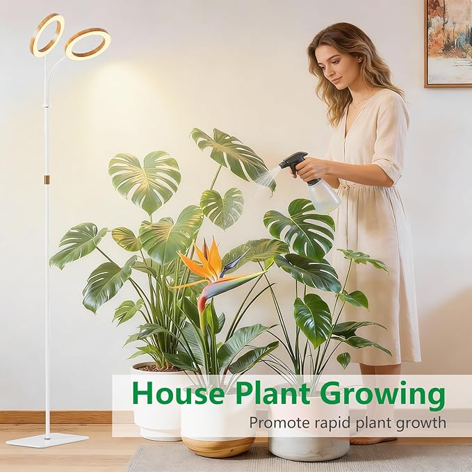 Dual Head Grow Light for Indoor Plants Full Spectrum-Floor Standing Plant Lamp with Auto Timer 6/12/18H, 5-Level Dimmable & Adjustable Height 16.5-68in for Large Tall Plants | Faux Wood Design