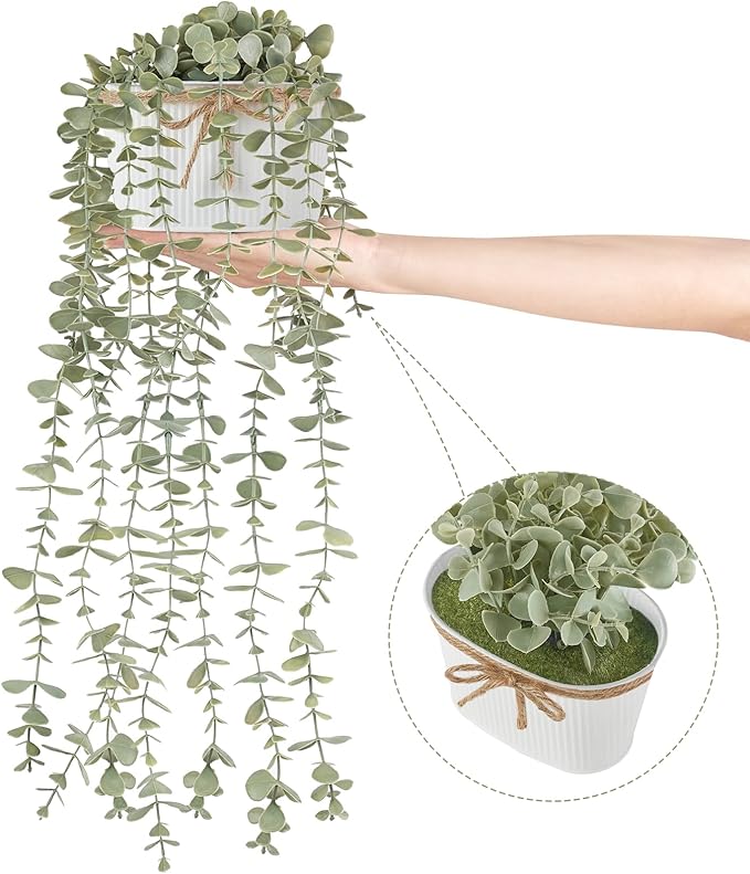 Mkono Fake Hanging Plants in Farmhouse Galvanized Pots Rustic Faux Potted Eucalyptus Greenery Indoor Artificial Plants for Book Shelf Mantel Living Room Bathroom Bedroom Home Office Decor (1, White)