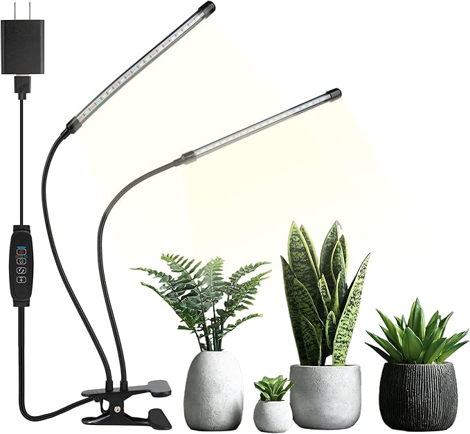 Dual Head Grow Lights for Indoor Plants, 40 LED Full Spectrum Plant Light with Clip & UL-Certified Adapter, 3 Light Modes & 5-Level Dimmable, 4/8/12H Auto Timer for Seedling, Succulents