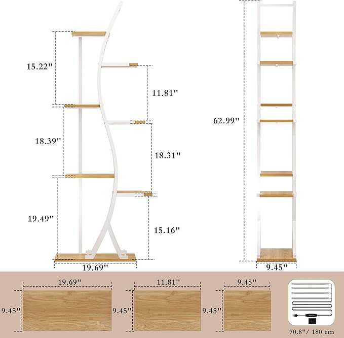 MJOMKN 62" Plant Stand Indoor with Grow Lights - 7 Tiered Tall Metal Plant Shelf - Corner Wooden Plant Stand for Indoor Plants Multiple, Large S-Shape Flower Rack Holder for Living Room, Garden, Patio Decor