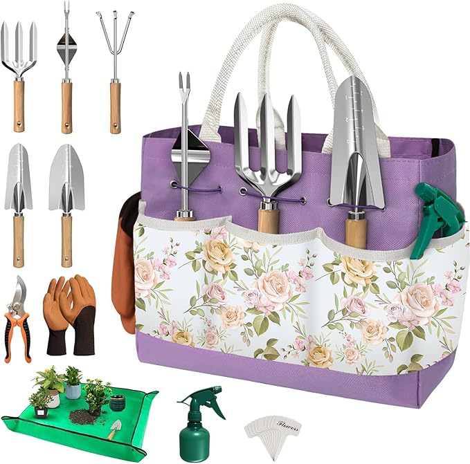 22Pcs Gardening Tools Set for Women Heavy Duty Garden Hand Tool Kit for Mom Beginner Gardening Accessories with Large Tote Bag/Shovel/Repotting Mat/Plant Labels/Gloves-Purple