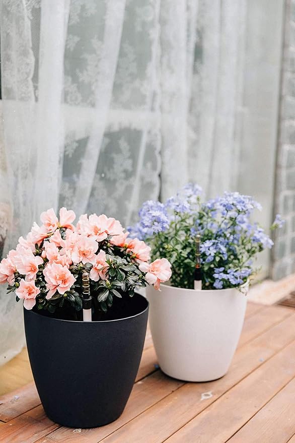 T4U 8.5 Inch Plastic Self Watering Planter with Water Level Indicator White Set of 4, Modern Decorative Planter Pot for All House Plants, Flowers, Herbs, African Violets, Succulents