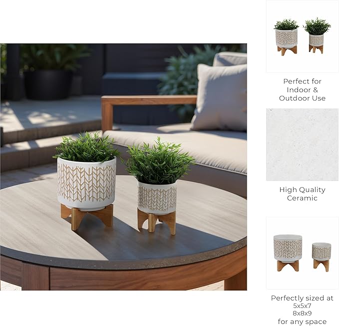 Sagebrook Home Set of 2 Ceramic Planters with Stands - Stoneware Pots with Bamboo Wood Base - Modern Geometric Design for Indoor/Outdoor Plants - Plant Holders for Home & Garden - 11", 7" Ivory & Tan