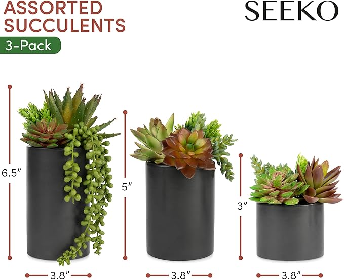 Fake Succulents Plants Artificial in Premium Ceramic Pots (3 Pack Assorted) Realistic Faux Succulents for Bathroom, Home & Office Décor