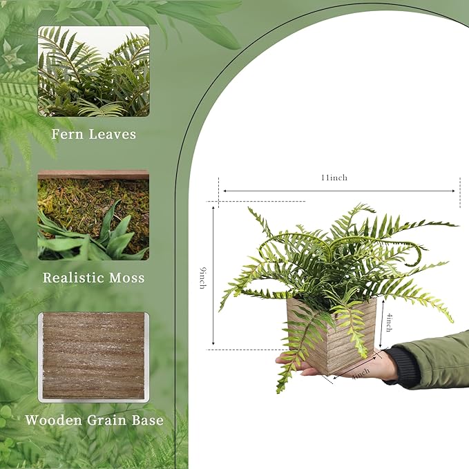 2 Pack Medium Fake Fern Plants with 4 Inch Wooden Planters, 9" Inch Tall Indoor Artificial Fern Plants for Shelves, Desktop, Bedroom, Office Decor