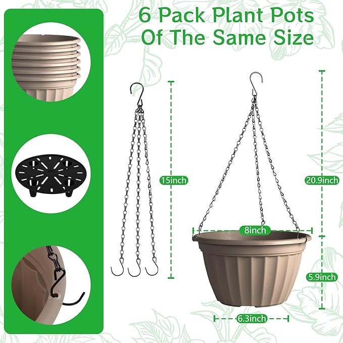 FGstyle 6 Pack Hanging Planters 8 Inch, Self Watering Pots for Indoor Plants, Plastic Hanging Basket with Soil Elevator and 20" Chain for Home Garden Porch Balcony Patio Decor (Beige)