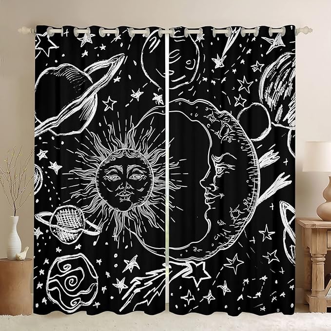 Feelyou Sun and Moon Window Drapes Bohemian Style Curtains Kids Room Decor Boys Girls Galaxy Window Treatments Cosmic Celestial Window Curtains Bedroom Living Room 42W X 63L，2 Panels