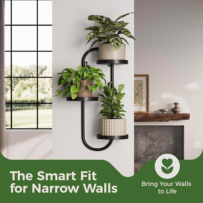 Laposso Wall Plant Holder 3 Tier Window Plant Shelves Metal Plant Wall Hanger for Indoor Plants Hanging Small Wall Shelf Living Room Balcony Black