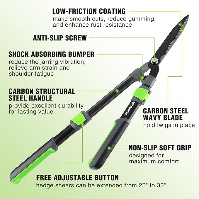 WORKPRO Extendable Hedge Shears, 25"-33" Manual Hedge Clippers, Professional Bush Cutter, Gardening Pruners Scissors, Hedge Trimmers, Shears Gardening Tools for Pruning Borders & Shrubs