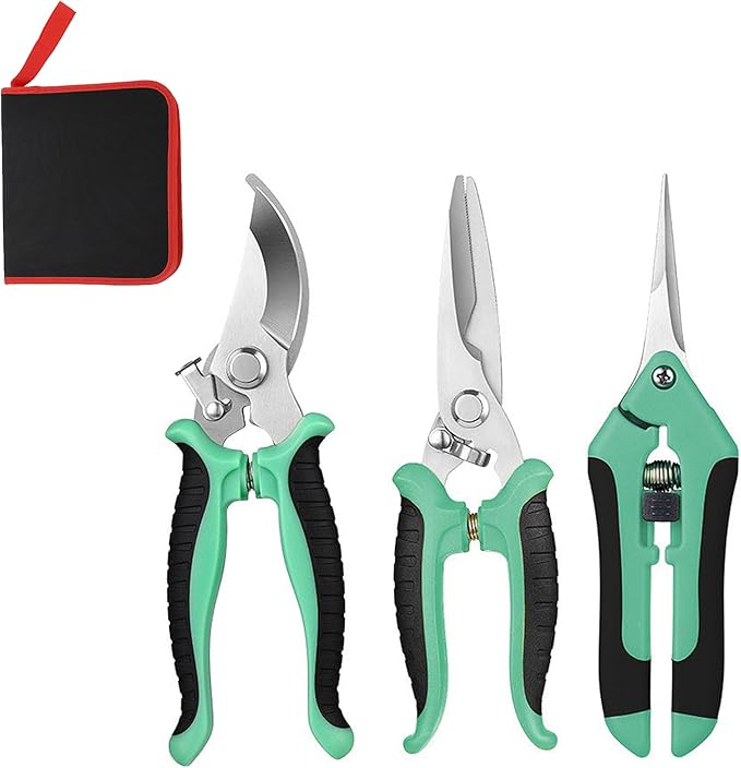 3PCS Garden Pruning Shears Set - Heavy Duty Bypass Pruners, Sharp Stainless Steel Gardening Scissors with Ergonomic Handle, Secateurs for Plants, Flowers, Fruit Trees, Bush Trimming (Green)