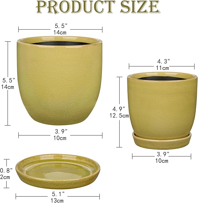 GnFlus Ceramic Plant Pots 5 Inch + 4 Inch Set of 2, Flower Plants Pot with Drainage Holes and Saucers Tray Planter Garden Pot for Succulent Cactus Home Decoration Gift Indoor Outdoor Green