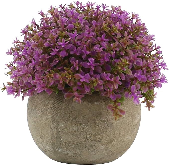 Ogrmar Mini Plastic Artificial Plants Grass in Pot/Small Artificial Faux Greenery/Mini Plants Topiary Shrubs for Bathroom, House Decorations (Purple)